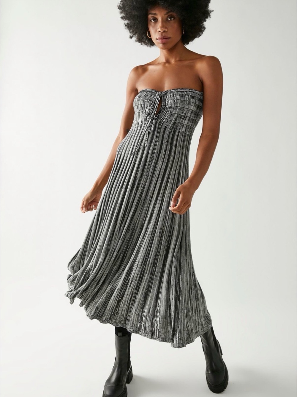 Free People Silvia Strapless Sweater Pleated Midi Dress/Skirt Combo in Gray